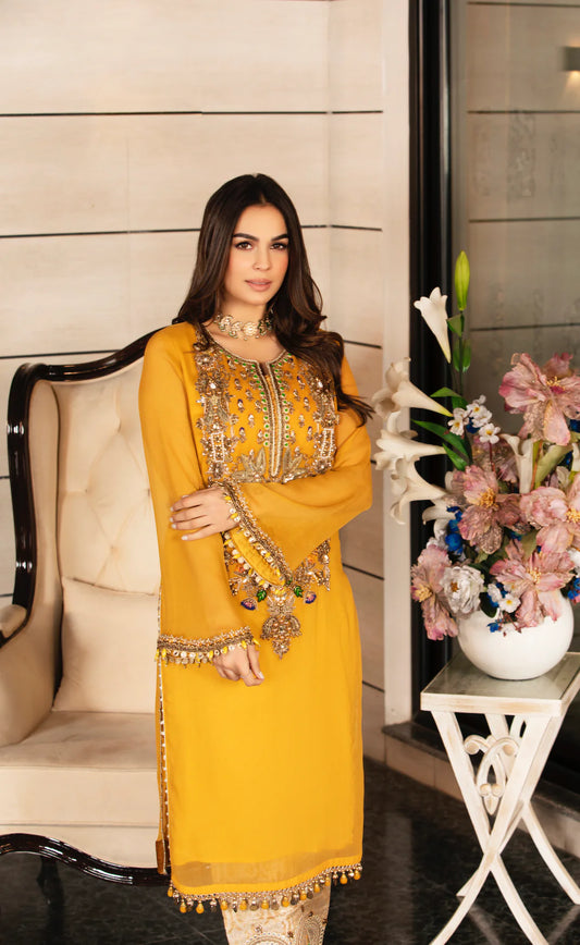Mustard Handmade Pure Chiffon Suit
