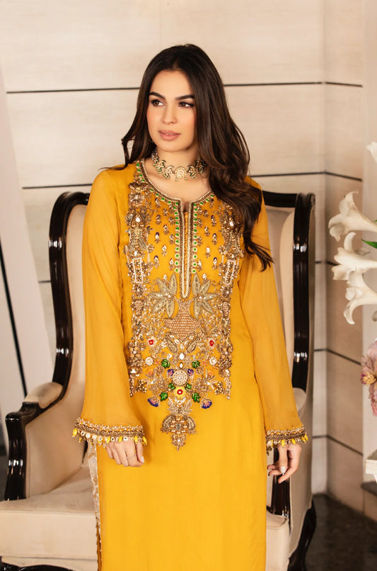 Mustard Handmade Pure Chiffon Suit