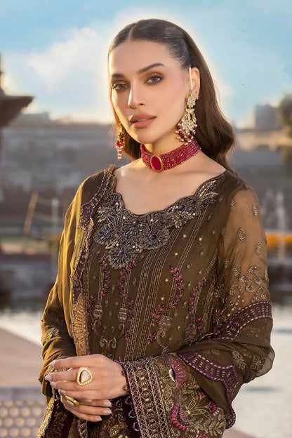 Mendhi Brown Embroidered Pure Chiffon Suit