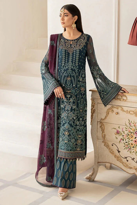 Blue Embroidered Pure Chiffon Suit