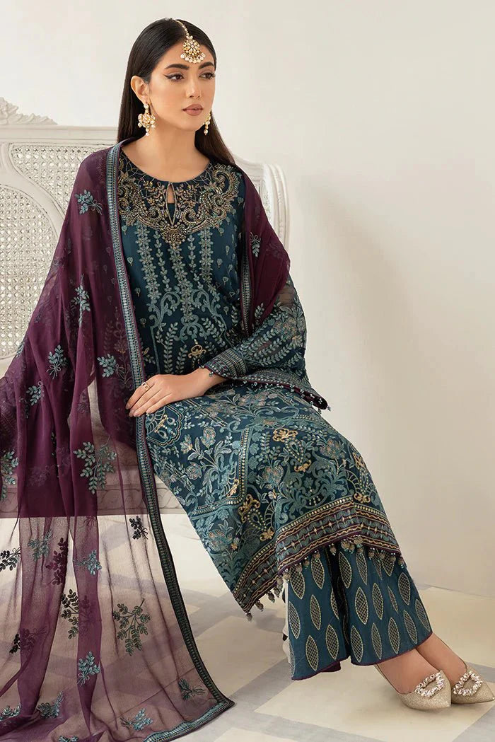 Blue Embroidered Pure Chiffon Suit