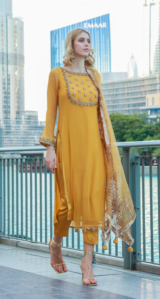 Hand Embroidered Mustard Chiffon Suit