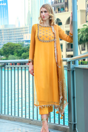 Hand Embellished Mustard Chiffon Suit