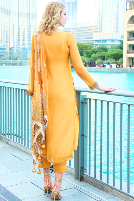 Hand Embroidered Mustard Chiffon Suit