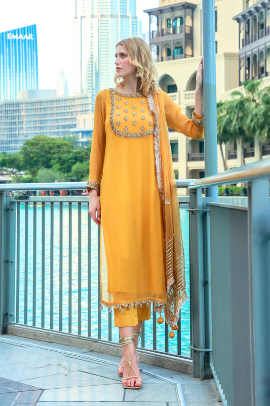 Hand Embroidered Mustard Chiffon Suit