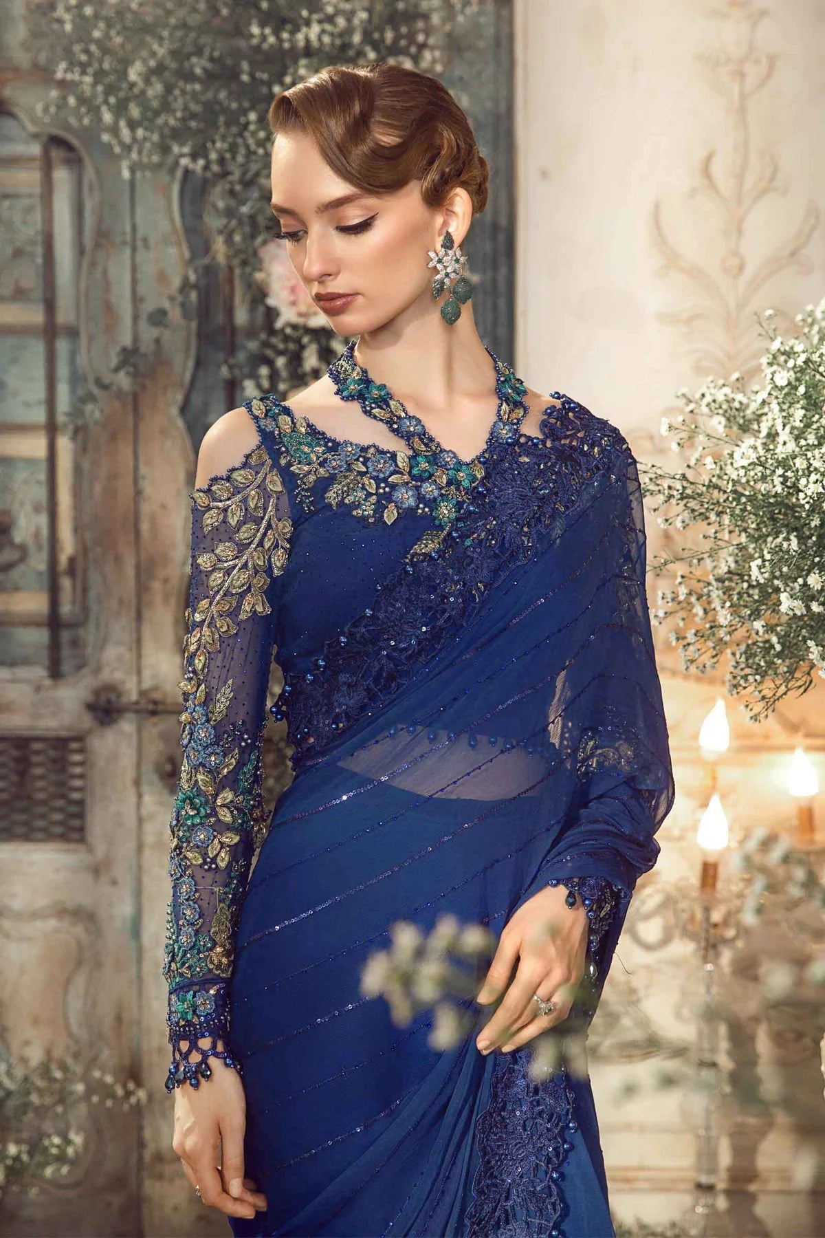 Cobalt Blue Hand Embellished Chiffon Saree