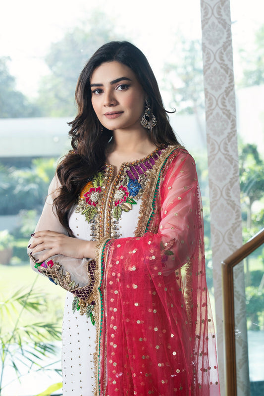 Hand Embroidered White Pure Chiffon Suit