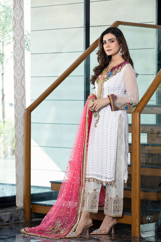 Hand Embroidered White Pure Chiffon Suit