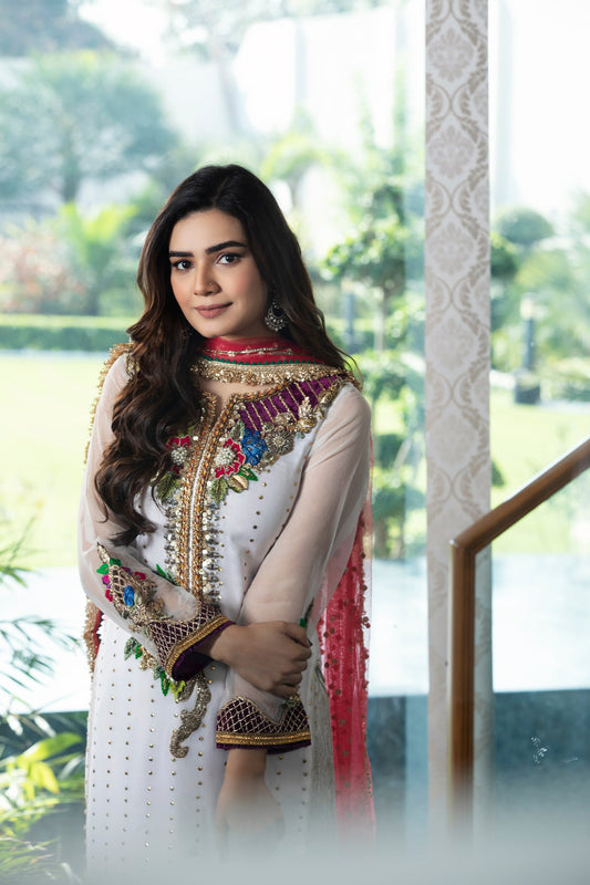 Hand Embroidered White Pure Chiffon Suit
