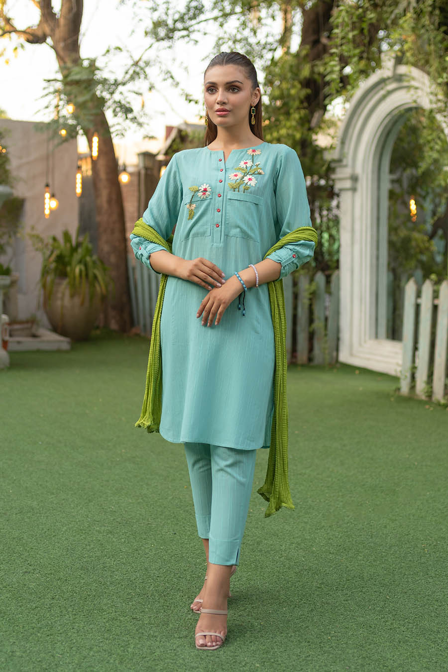 Readymade Hand Embroidered Pure Cotton Kurta Set with Dupatta