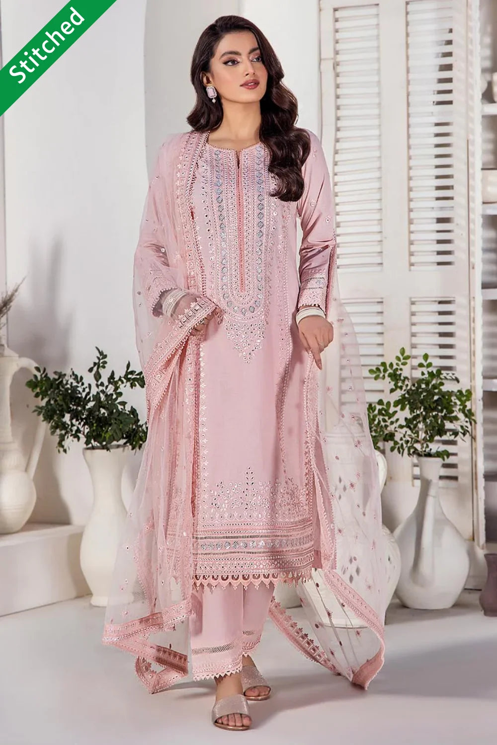 Pink Readymade Pure Cotton Chikankari Suit