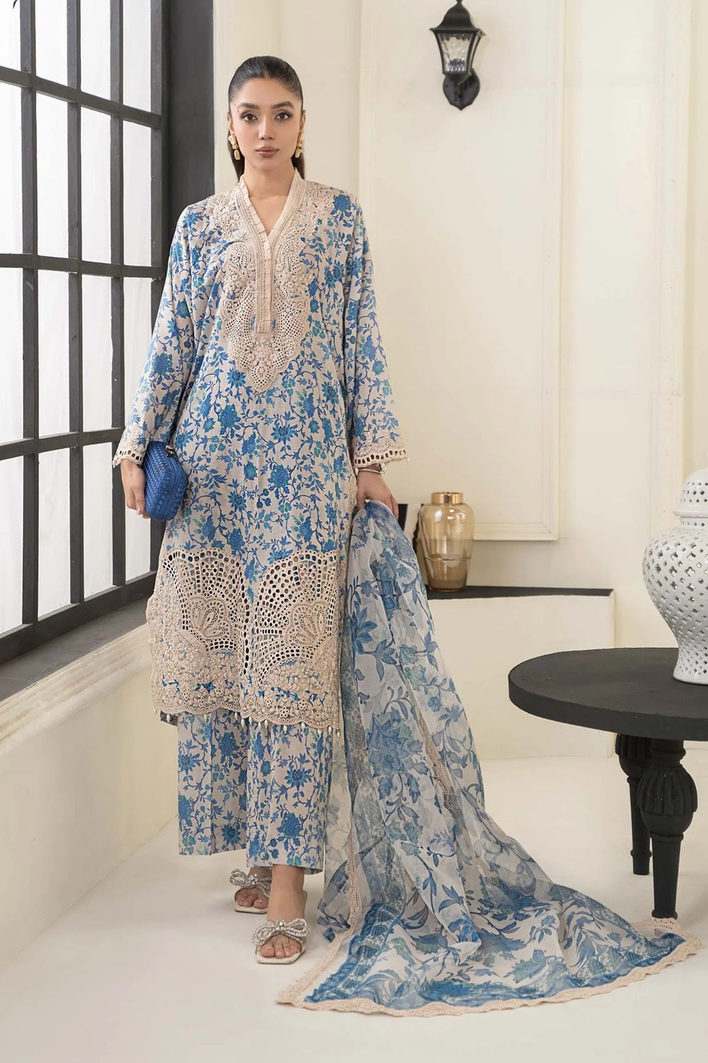 Blue Pure Lawn Suit with Chiffon Dupatta