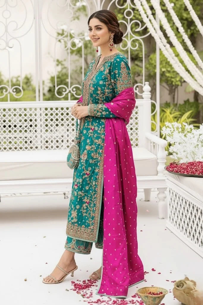 Turquoise Handmade Raw Silk Suit with Shocking Pink Dupatta