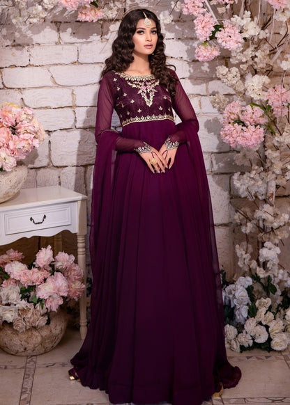 Purple Burgundy Embellished Chiffon Festive Suit Online in KSA Riyadh Saudi Arabia Oman Bahrain Qatar
