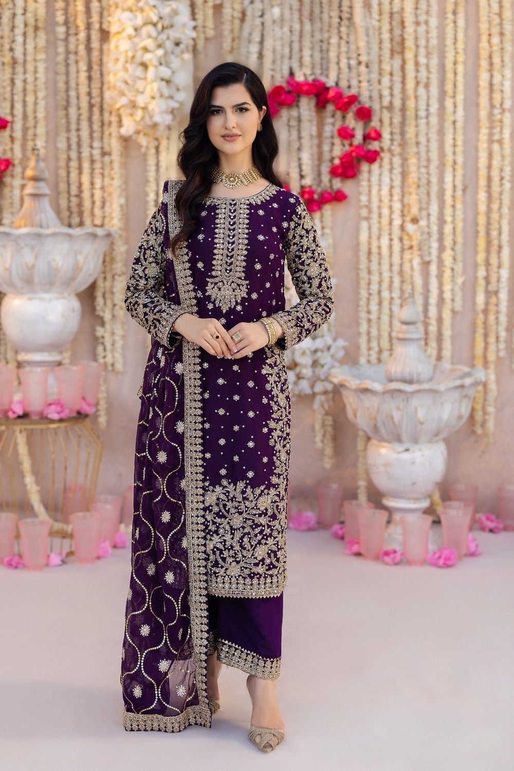Purple Chiffon A-Line Kurta Salwar Kameez Online in Dubai UAE Abudhabi Ajman Sharjah