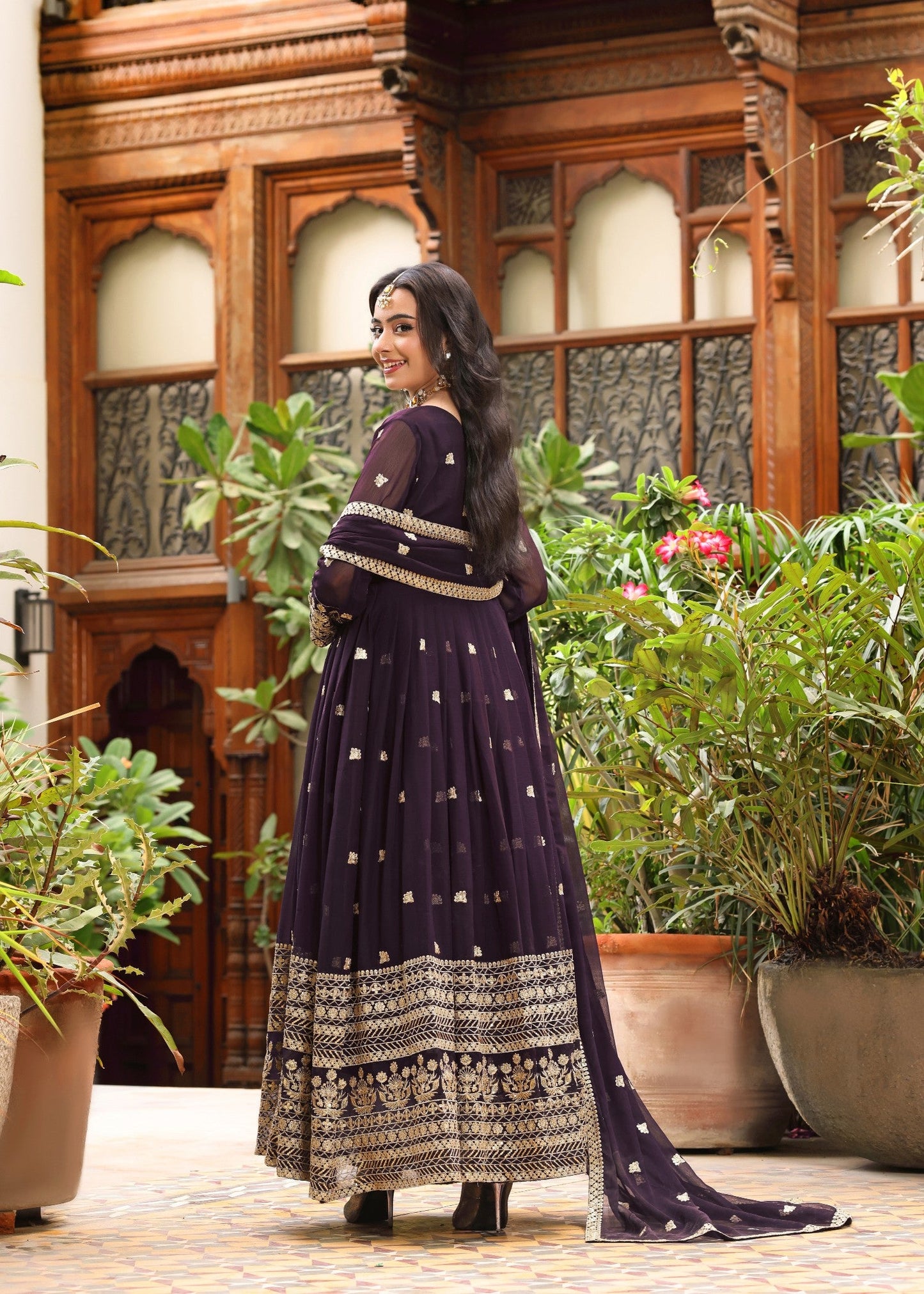 Purple Chiffon Embroidered 3 Piece Outfit Online in Dubai UAE Abudhabi Ajman Sharjah