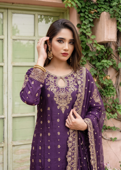 Purple Chiffon Embroidered Festive Suit Online in Dubai UAE Abudhabi Ajman Sharjah