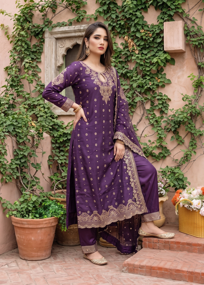 Purple Chiffon Embroidered Kurta Suit Online in Dubai DXB UAE Abudhabi Meena Bazaar