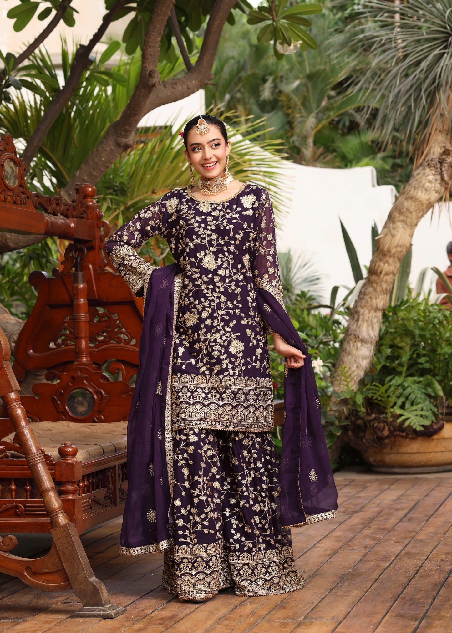 Purple Embellished Chiffon Partywear Gharara Online in Dubai DXB UAE Abudhabi Meena Bazaar