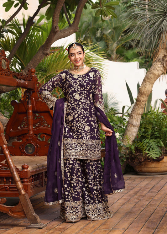 Purple Embellished Chiffon Partywear Gharara Online in Dubai DXB UAE Abudhabi Meena Bazaar