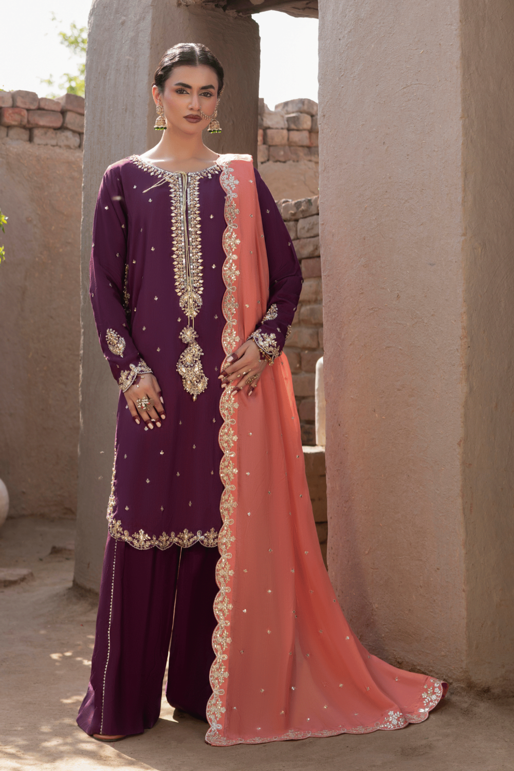 Purple Embellished Korean Raw Silk Partywear Suit Online in Dubai UAE Abudhabi Ajman Sharjah