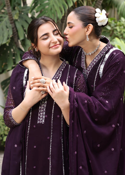 Purple Embroidered Chiffon 3 Piece Partywear Suit Online in Dubai DXB UAE Abudhabi Meena Bazaar