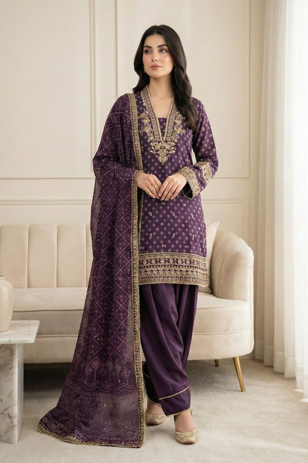Purple Embroidered Chiffon Farshi Shalwar Suit Online in Dubai UAE Abudhabi Ajman Sharjah