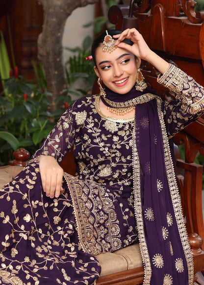Purple Embroidered Chiffon Festive Outfit Online in UK USA Canada