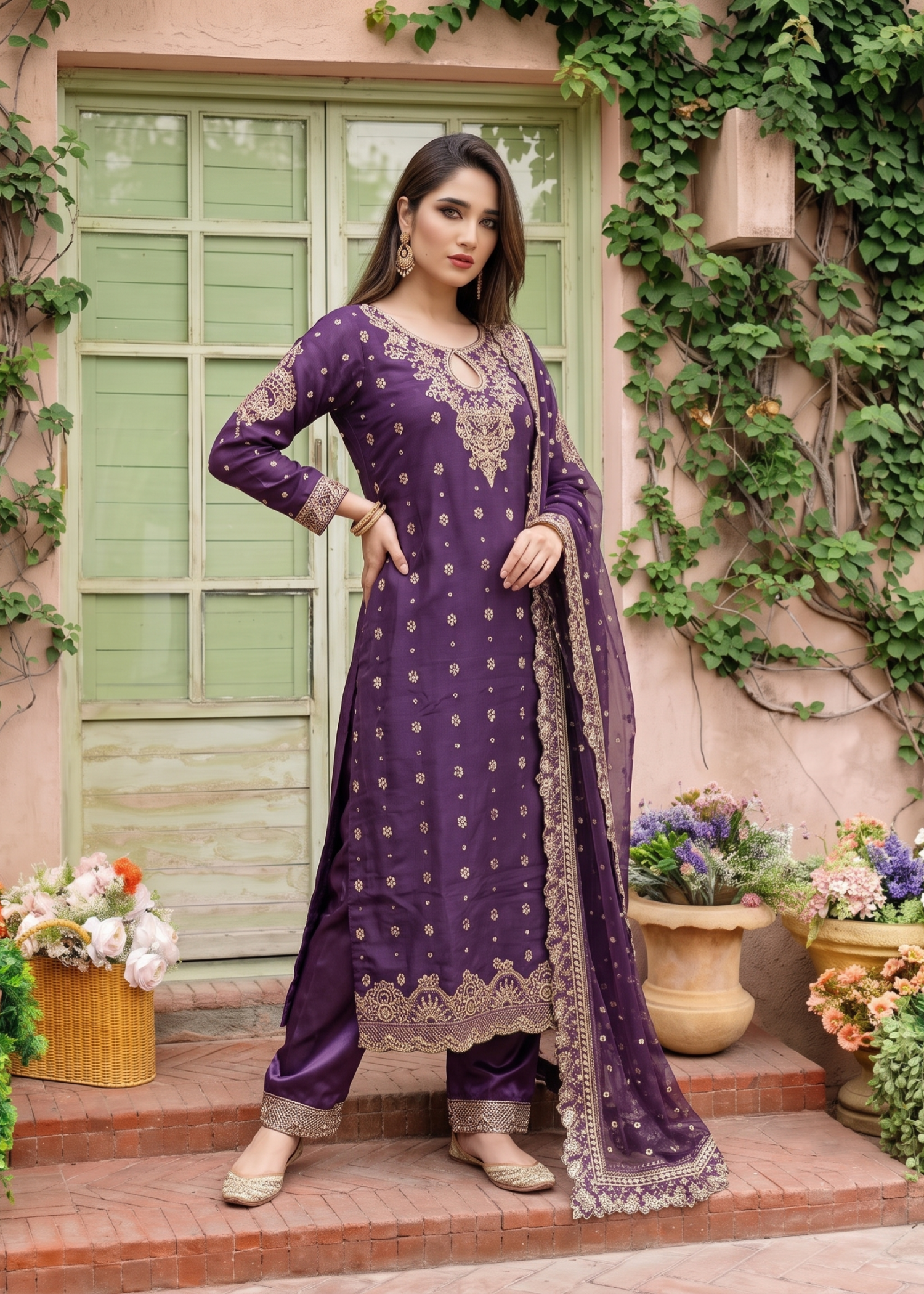 Purple Embroidered Chiffon Festive Wear Suit Online in KSA Riyadh Saudi Arabia Oman Bahrain Qatar