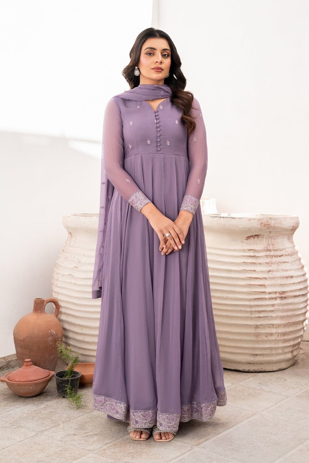 Purple Embroidered Chiffon Flared Pishwas Suit Online in Dubai UAE Abudhabi Ajman Sharjah