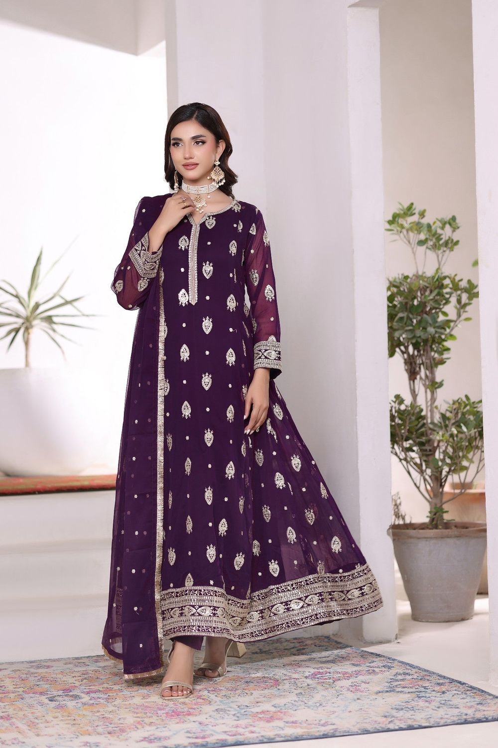 Purple Embroidered Chiffon Flared Pishwas Suit Online in Dubai UAE Abudhabi Ajman Sharjah