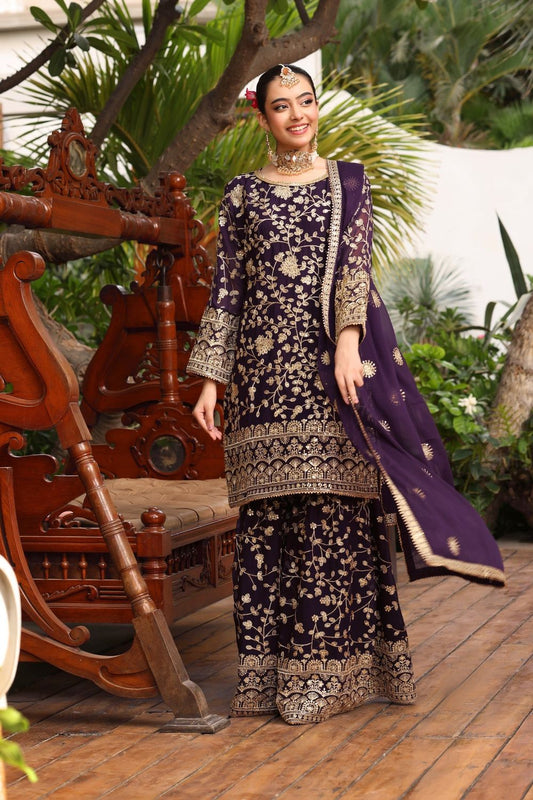 Purple Embroidered Chiffon Gharara Set Online in Dubai UAE Abudhabi Ajman Sharjah