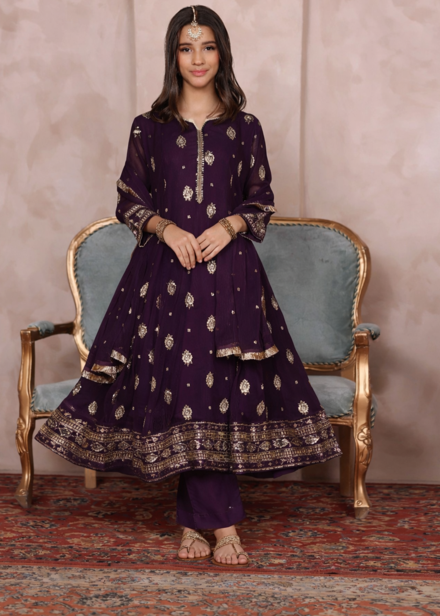 Purple Embroidered Chiffon Girls Pishwas Suit Online in Dubai UAE Abudhabi Ajman Sharjah