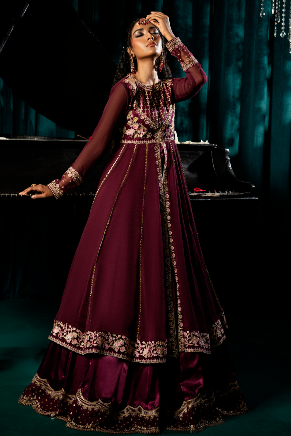 Purple Embroidered Chiffon Layered Pishwas Online in Dubai UAE Abudhabi Ajman Sharjah