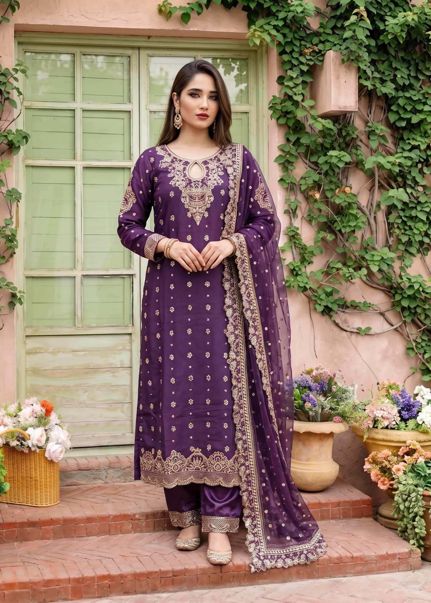 Purple Embroidered Chiffon Party Wear Dress Online in Sri Lanka India Australia