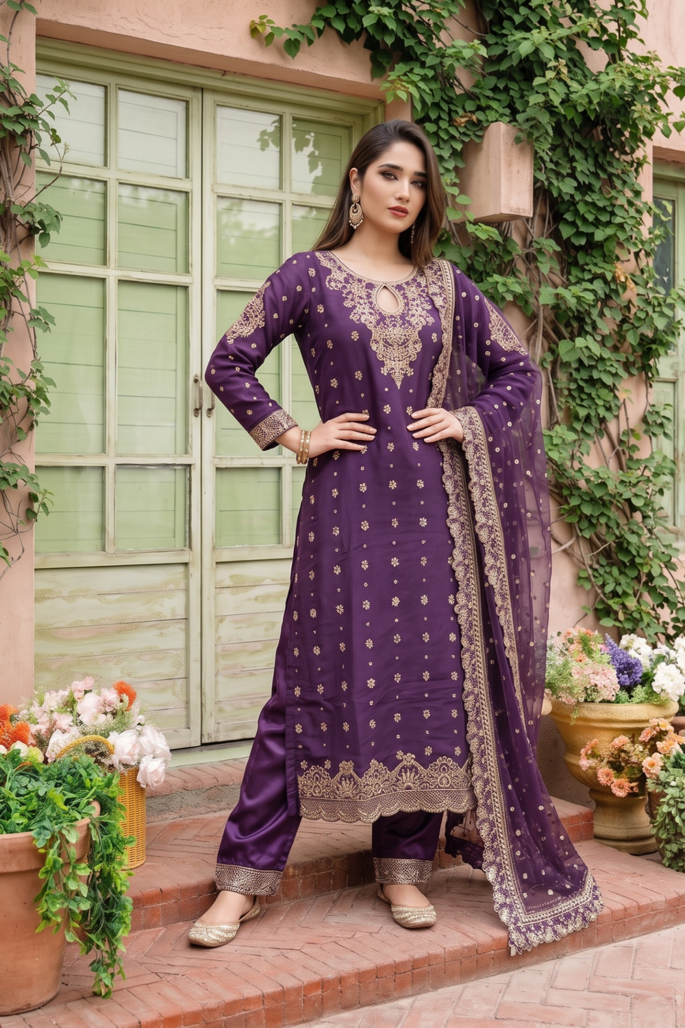 Purple Embroidered Chiffon Party Wear Suit Online in Dubai UAE Abudhabi Ajman Sharjah