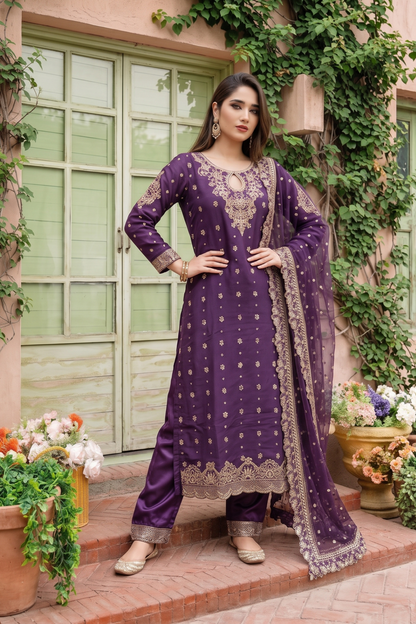 Purple Embroidered Chiffon Party Wear Suit Online in Dubai UAE Abudhabi Ajman Sharjah