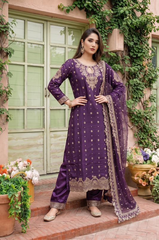 Purple Embroidered Chiffon Party Wear Suit Online in Dubai UAE Abudhabi Ajman Sharjah