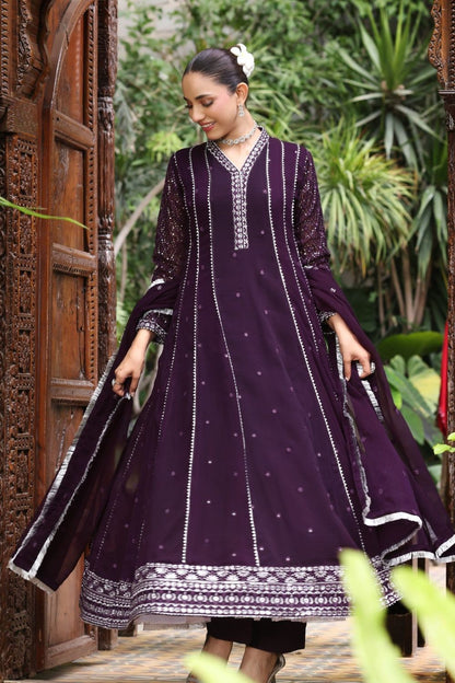 Purple Embroidered Chiffon Partywear Pishwas Online in Dubai UAE Abudhabi Ajman Sharjah