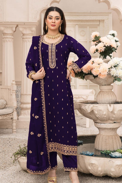 Purple Embroidered Chiffon Partywear Suit Online in Dubai UAE Abudhabi Ajman Sharjah