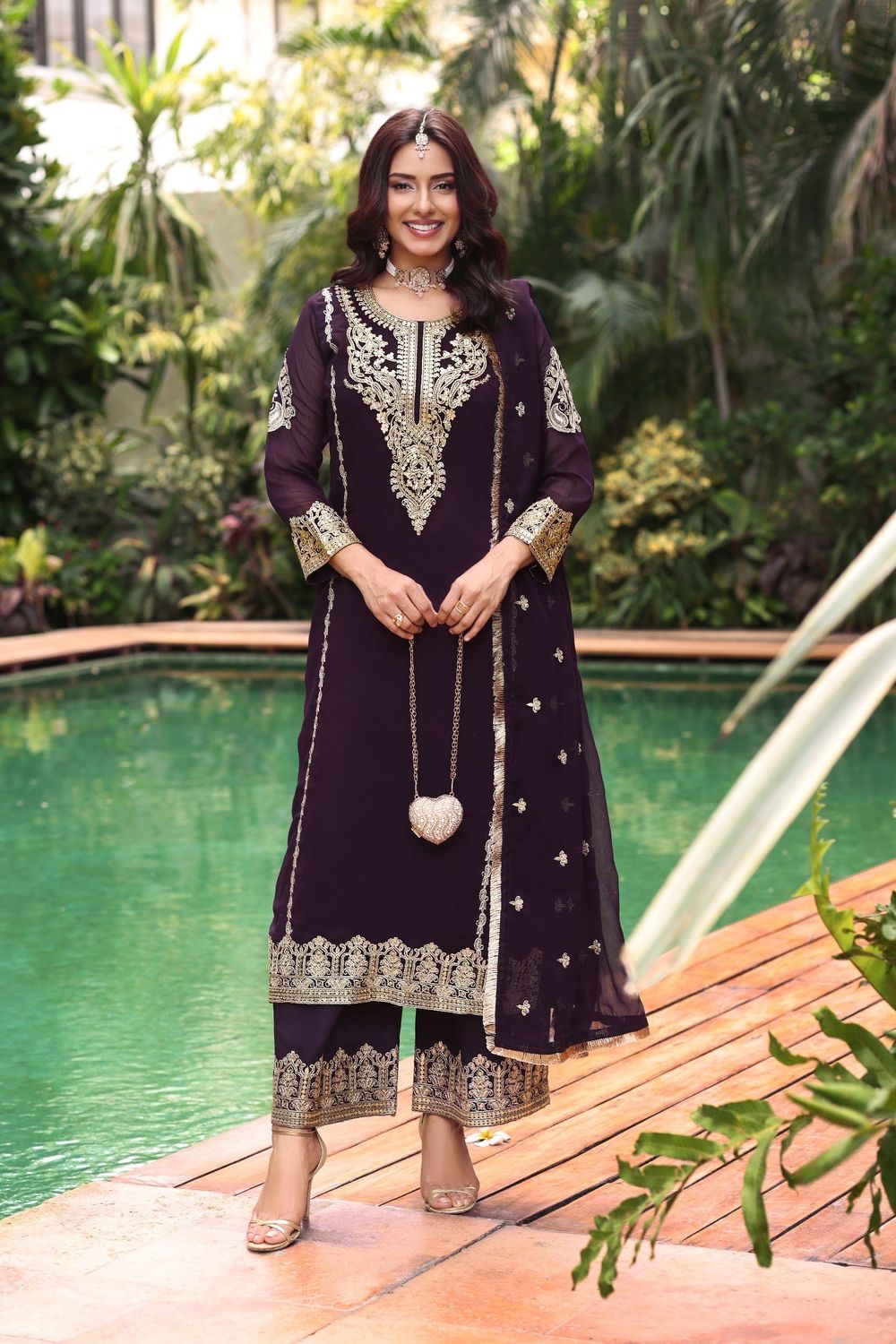 Purple Embroidered Chiffon Partywear Suit Online in Dubai UAE Abudhabi Ajman Sharjah