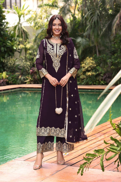 Purple Embroidered Chiffon Partywear Suit Online in Dubai UAE Abudhabi Ajman Sharjah