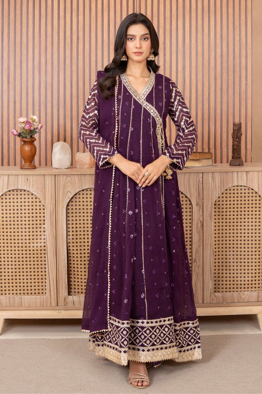 Purple Embroidered Chiffon Partywear Suit Online in Dubai UAE Abudhabi Ajman Sharjah
