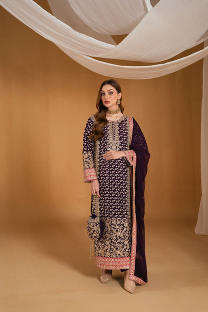 Purple Embroidered Chiffon Partywear Suit Online in Dubai UAE Abudhabi Ajman Sharjah