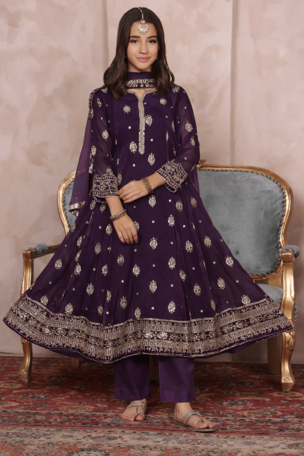 Purple Embroidered Chiffon Pishwas for Girls Online in Dubai UAE Abudhabi Ajman Sharjah