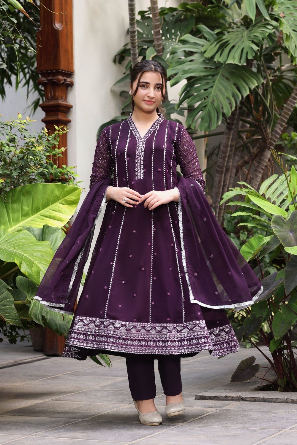 Purple Embroidered Chiffon Pishwas Set for Girls Online in Dubai UAE Abudhabi Ajman Sharjah