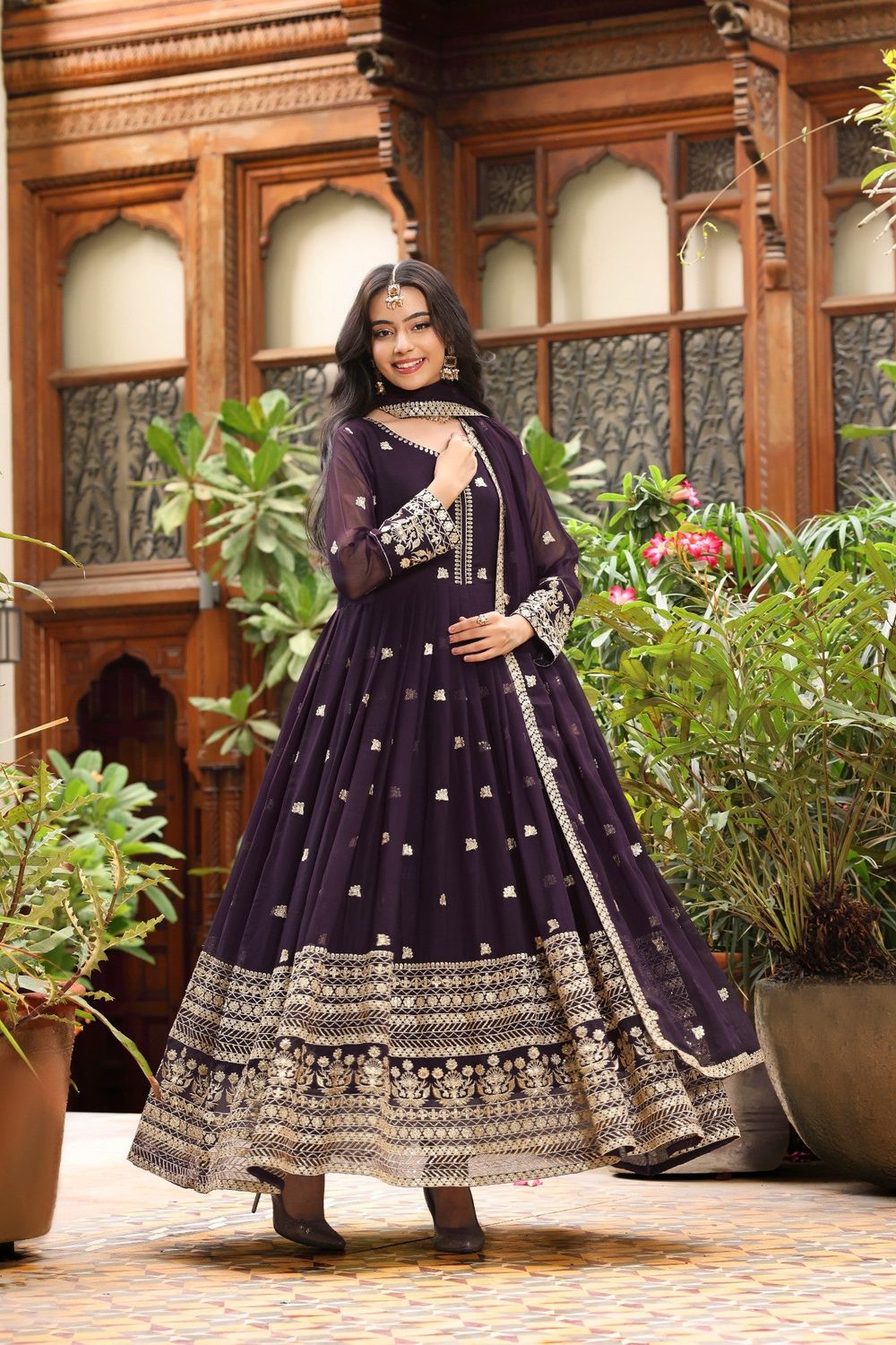 Purple Embroidered Chiffon Pishwas Suit Online in Dubai UAE Abudhabi Ajman Sharjah