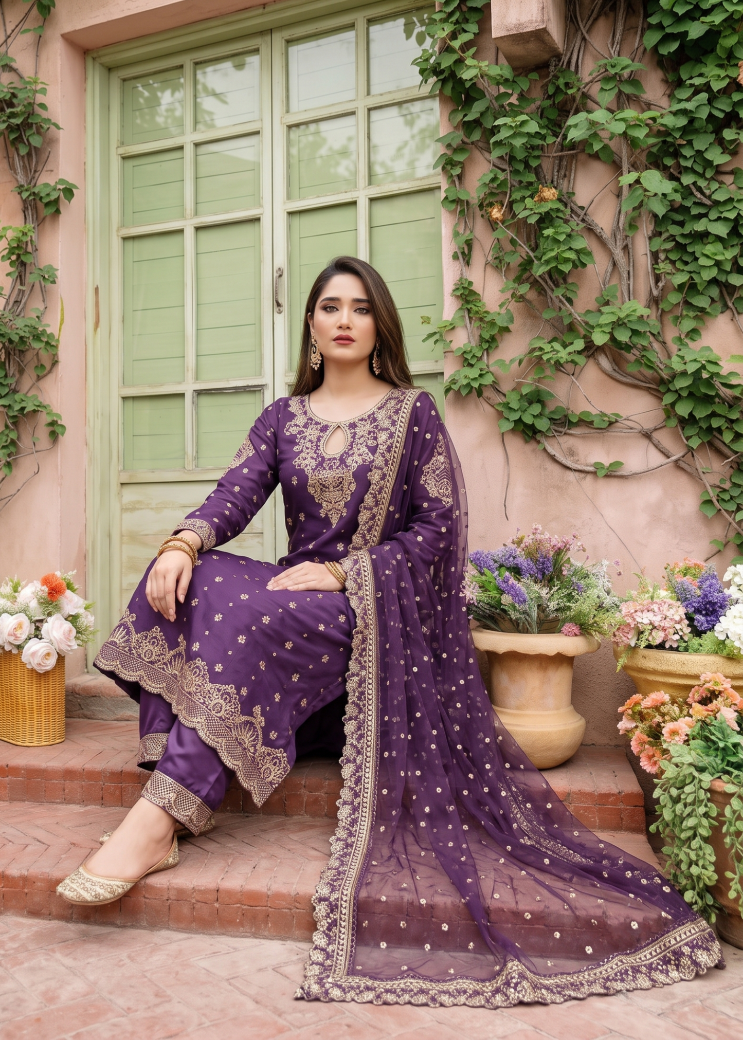 Purple Embroidered Chiffon Three Piece Dress Online in Sri Lanka India Australia