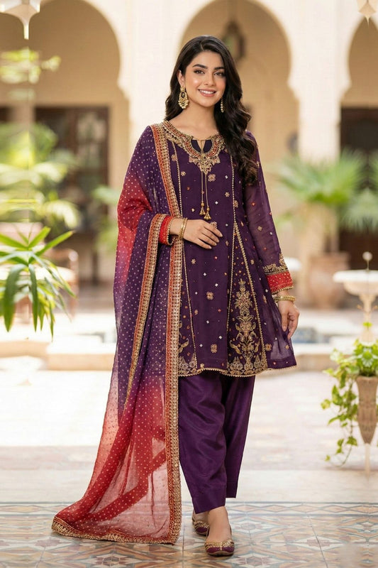 Purple Embroidered Khaddi Net Pakistani Suit Online in Dubai UAE Abudhabi Ajman Sharjah