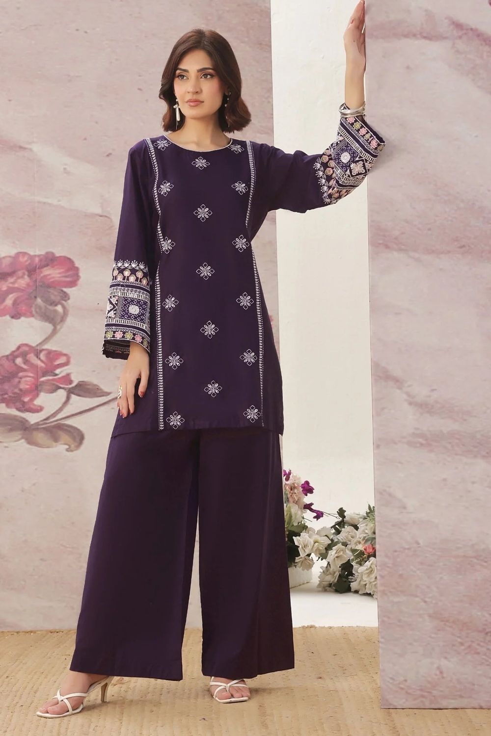 Purple Embroidered Lawn Cotton Partywear Suit Online in Dubai UAE Abudhabi Ajman Sharjah